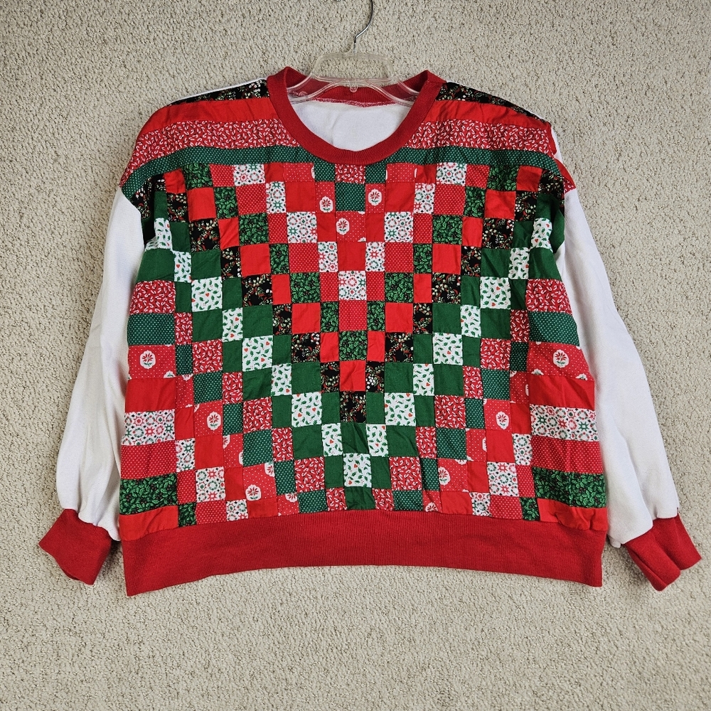 Vintage Christmas Sweater Patchwork Quilt Handmade Womens One Size Grandma